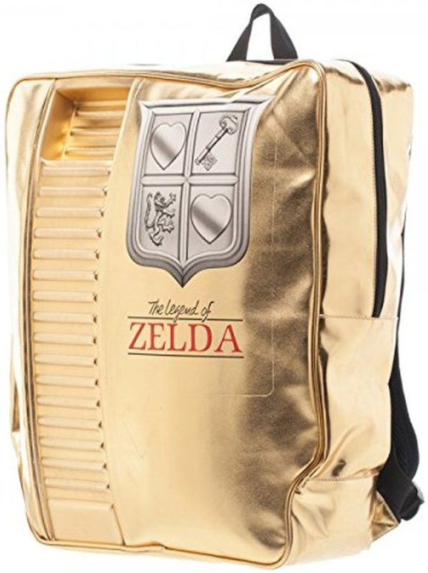 Backpack that looks like a Zelda NES cartridge with gold metallic finish