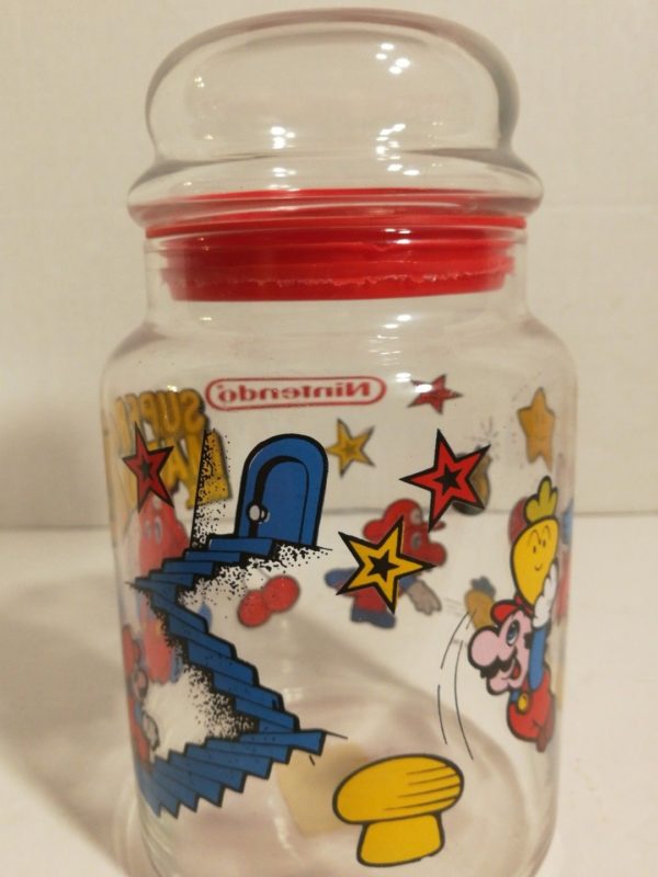 Some of the artwork on the Super Mario candy jar