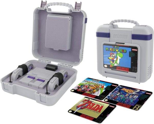 SNES Classic Carrying Case open and with SNES inside