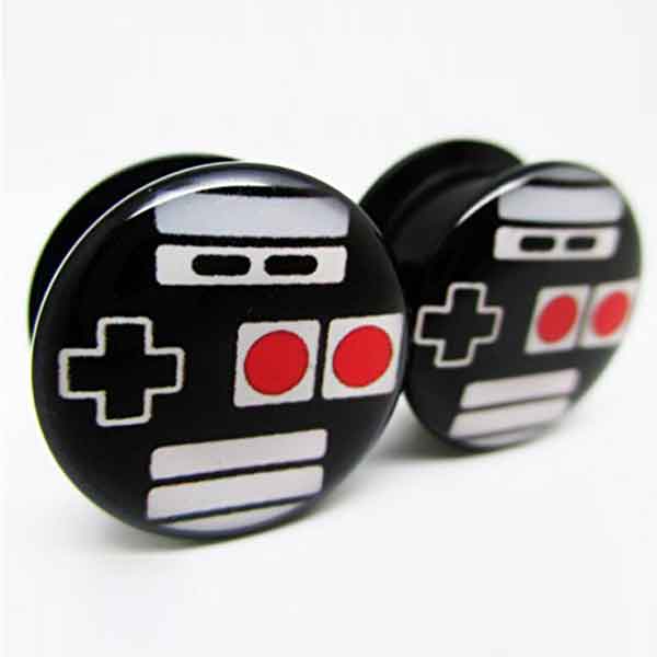 A frontal shot of the NES controller ear plugs