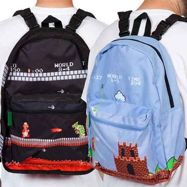Super Mario Bros Reversible Backpack in black and blue