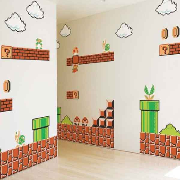 The Super Mario Bros. wall graphicis look just like the real game!