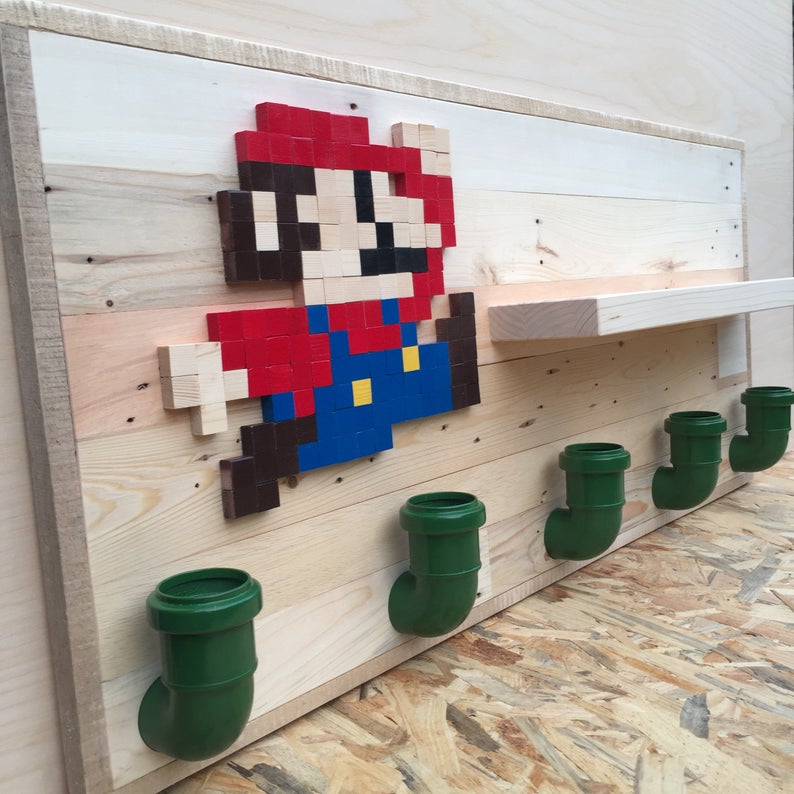 Nintendo Pixel Art: Super Mario coat rack made from wood